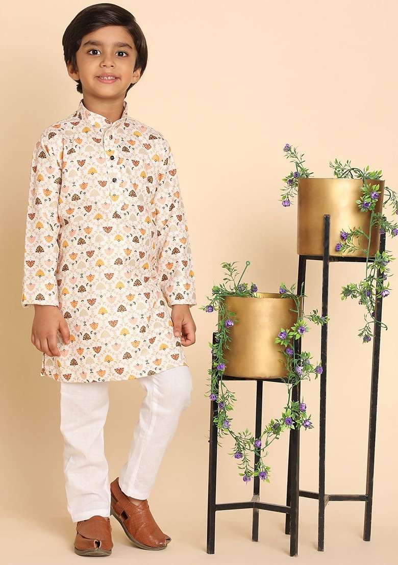 Off White Printed Cotton Kurta Set For Boys - Indya