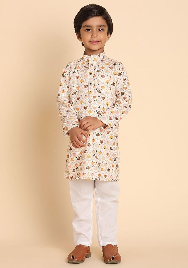 Off White Printed Cotton Kurta Set For Boys - Indya
