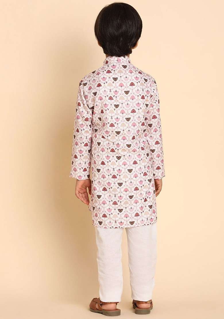 Lavender Printed Cotton Kurta Set For Boys - Indya
