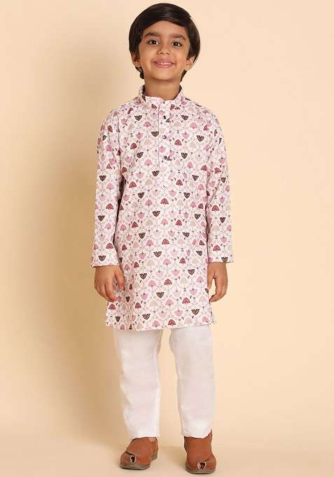 Lavender Printed Cotton Kurta Set For Boys