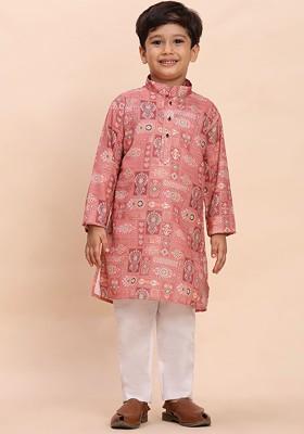 Pink Printed Cotton Kurta Set For Boys