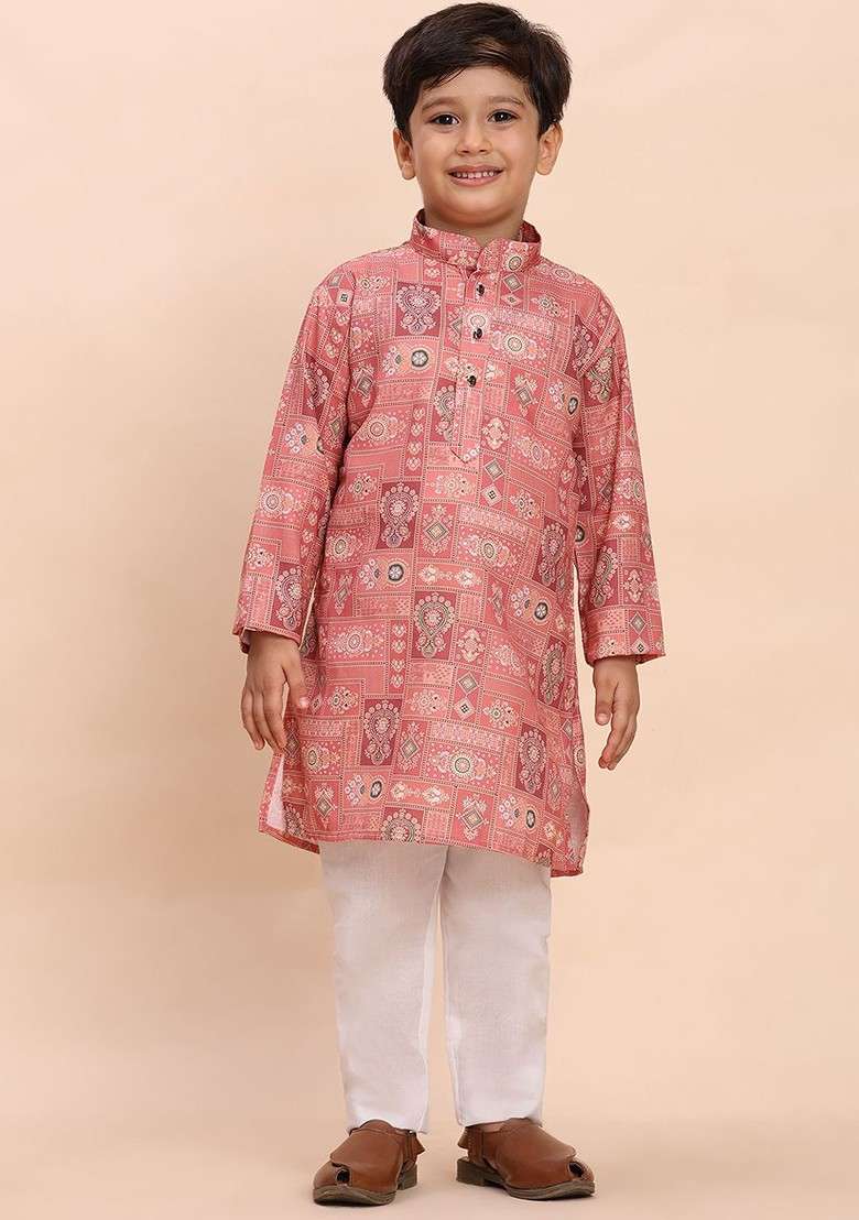 Pink Printed Cotton Kurta Set For Boys - Indya
