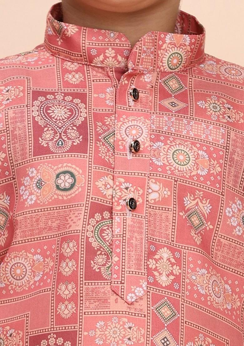 Pink Printed Cotton Kurta Set For Boys - Indya