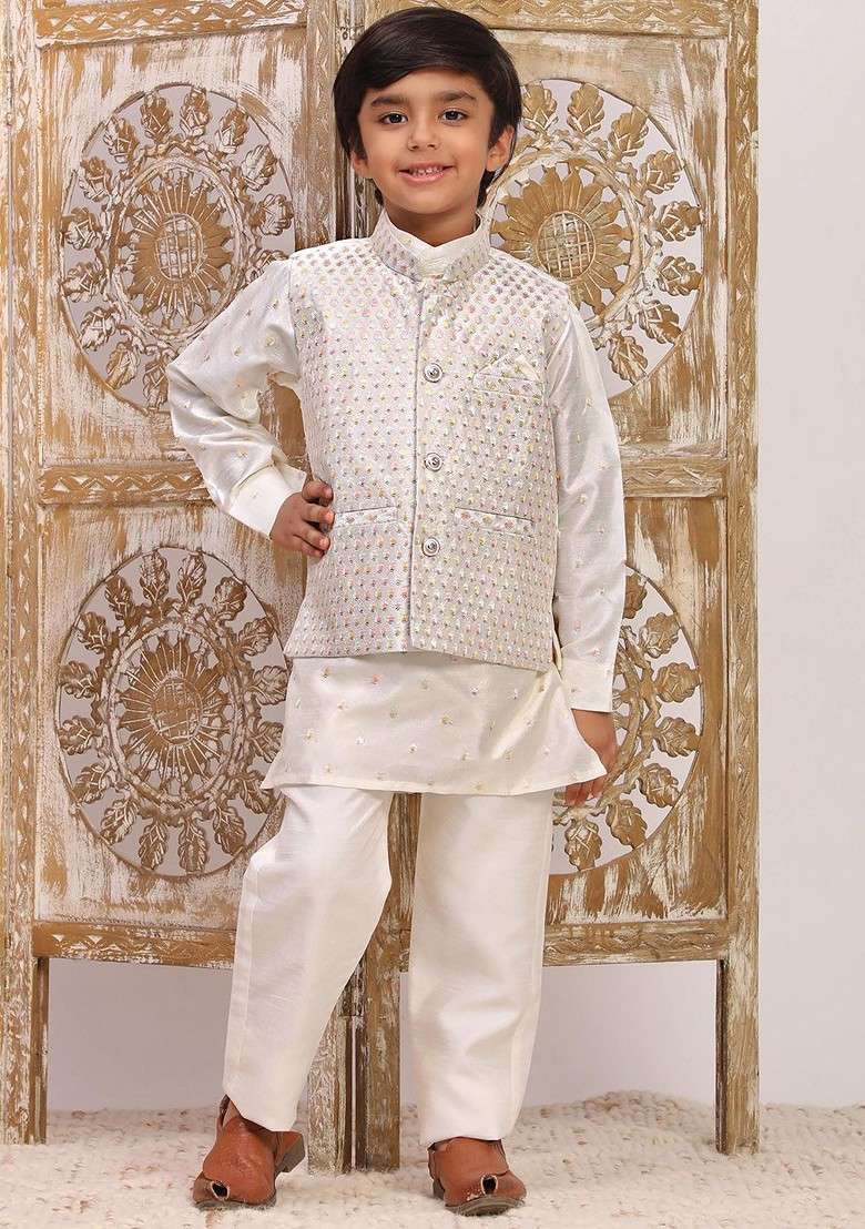Cream Woven Design Silk Kurta Set For Boys - Indya