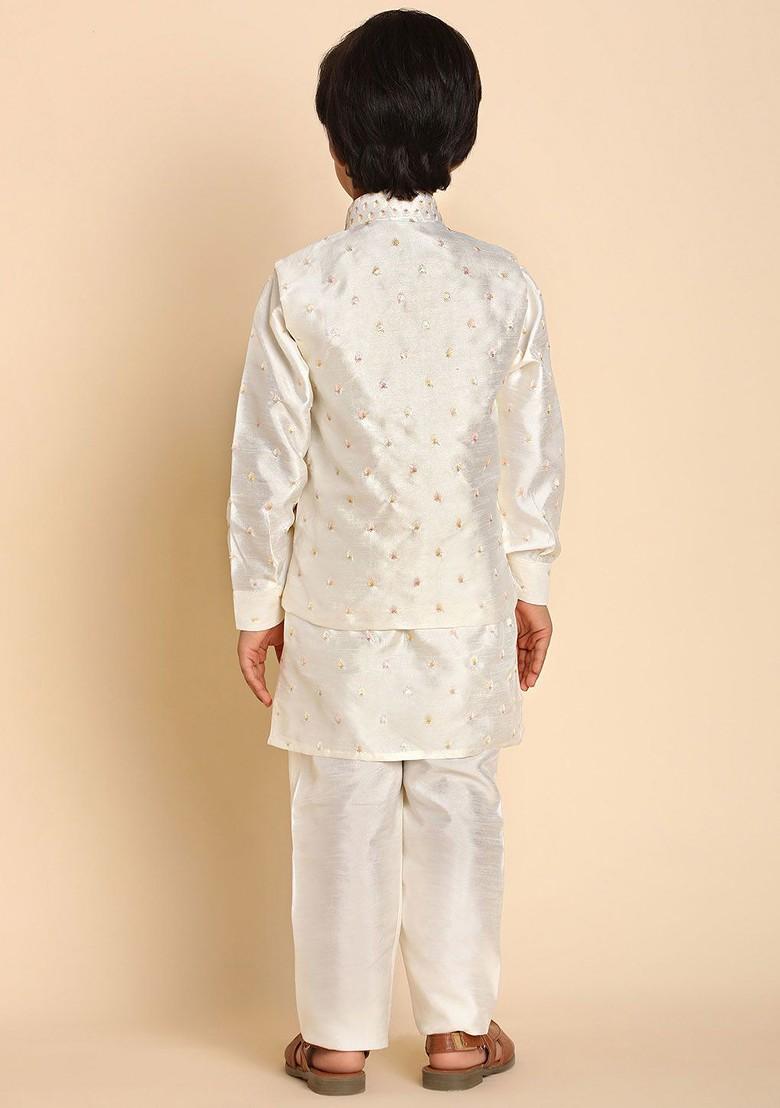 Cream Woven Design Silk Kurta Set For Boys - Indya
