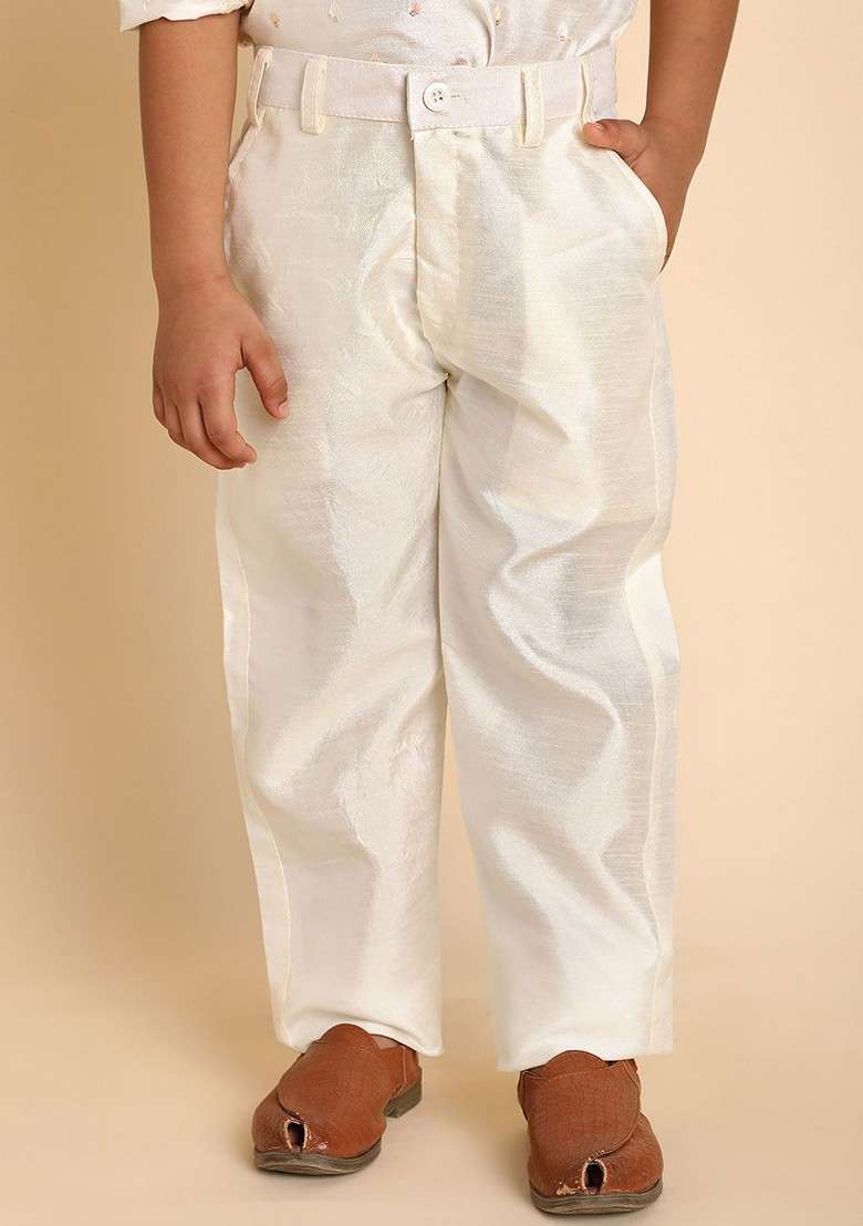 Cream Woven Design Silk Kurta Set For Boys - Indya
