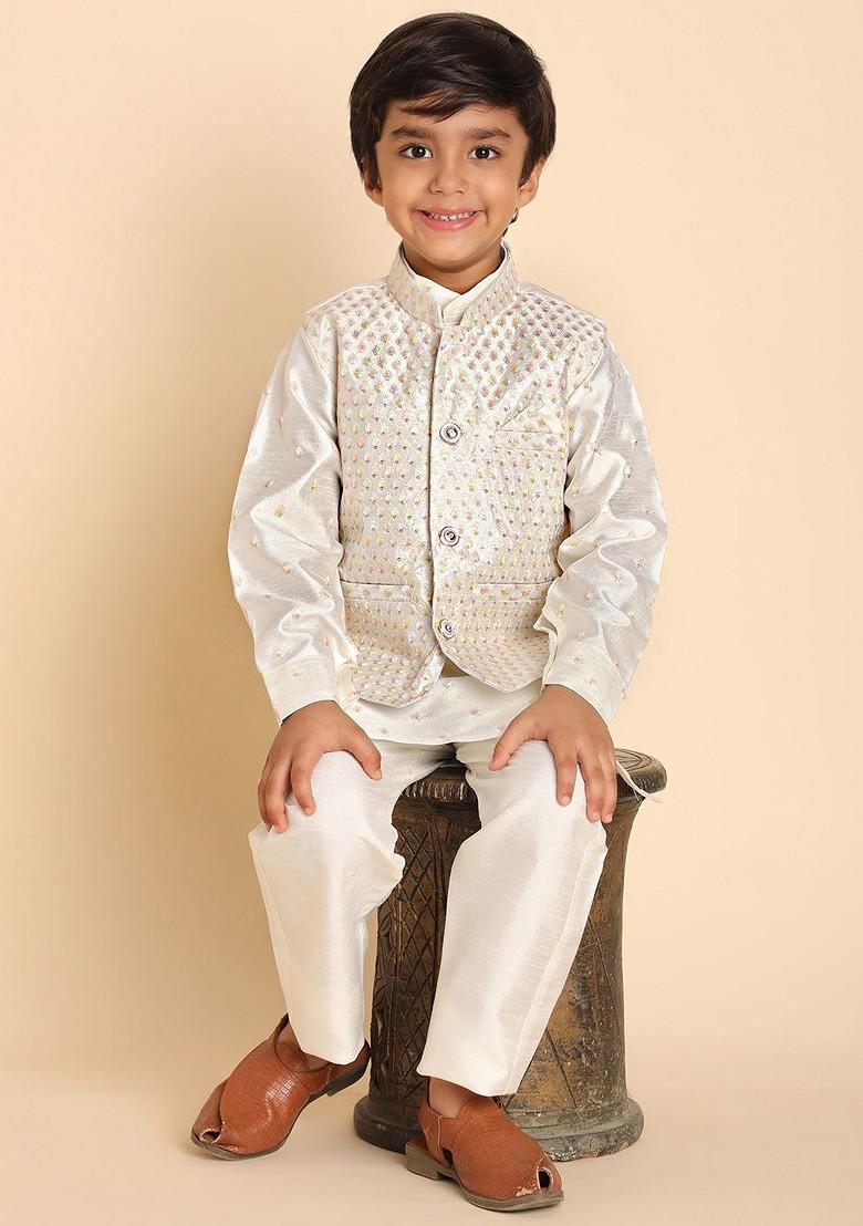 Cream Woven Design Silk Kurta Set For Boys - Indya