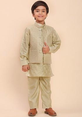 Green Woven Design Silk Kurta Set For Boys