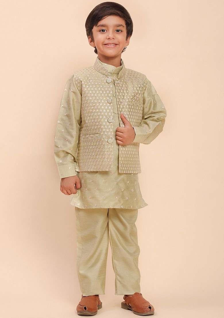 Green Woven Design Silk Kurta Set For Boys - Indya