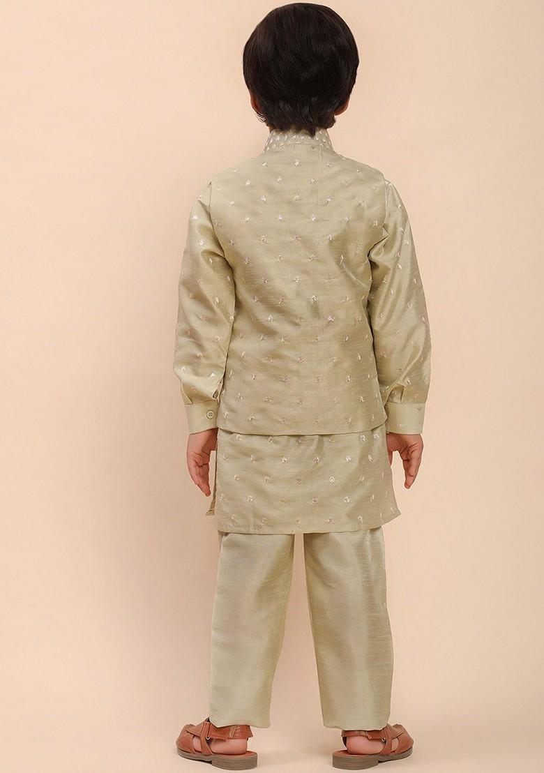 Green Woven Design Silk Kurta Set For Boys - Indya