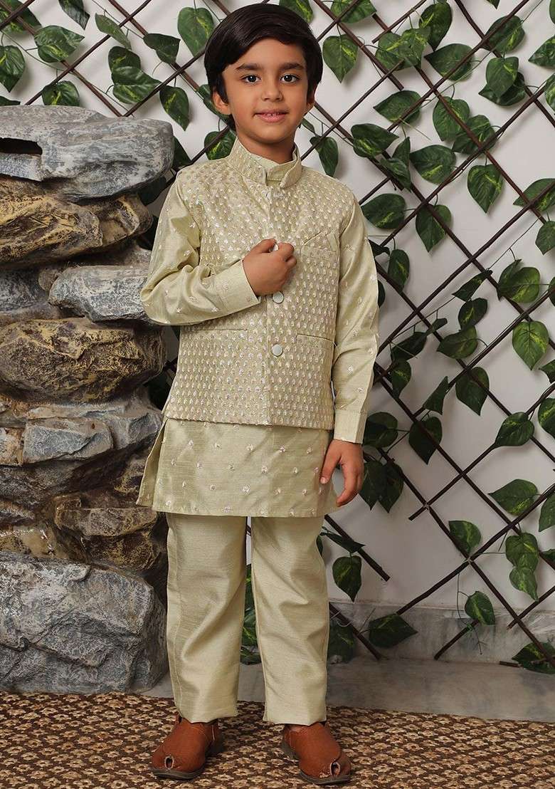 Green Woven Design Silk Kurta Set For Boys - Indya