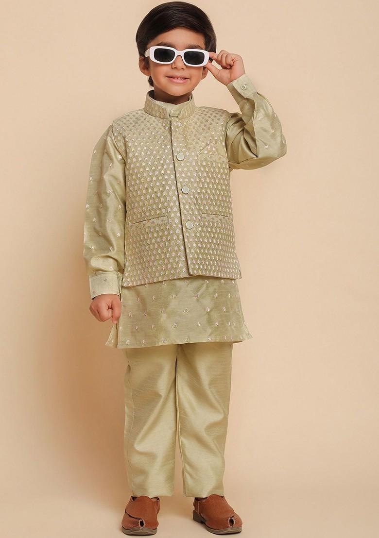 Green Woven Design Silk Kurta Set For Boys - Indya