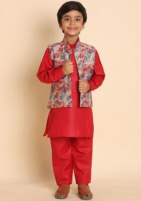 Maroon Printed Cotton Kurta Set For Boys