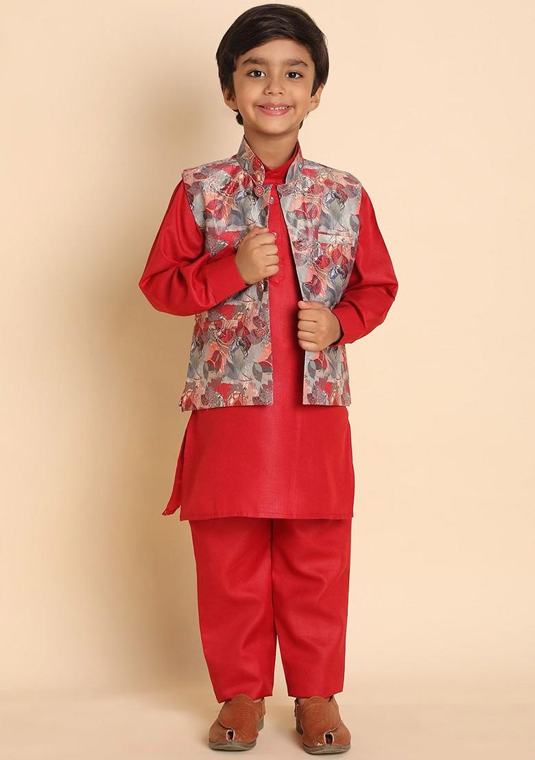 Maroon Printed Cotton Kurta Set For Boys - Indya