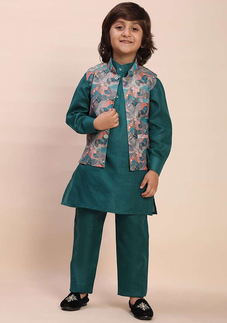Teal Solid Cotton Kurta Set For Boys - Indya