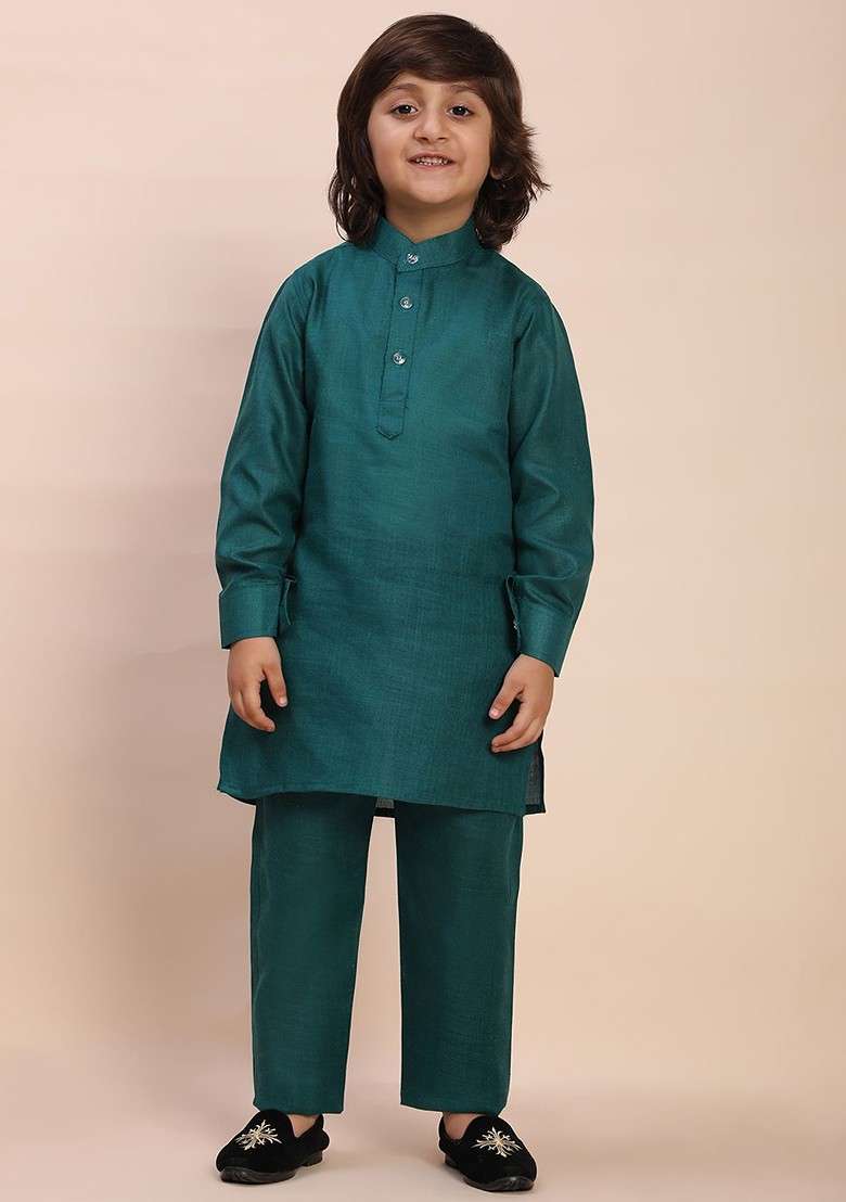 Teal Solid Cotton Kurta Set For Boys - Indya