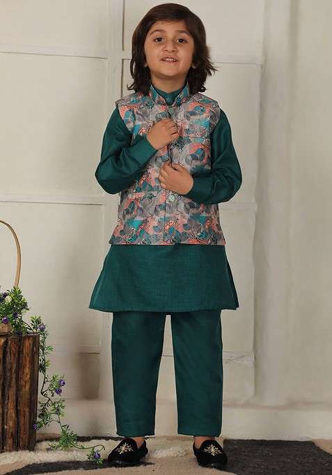 Teal Solid Cotton Kurta Set For Boys