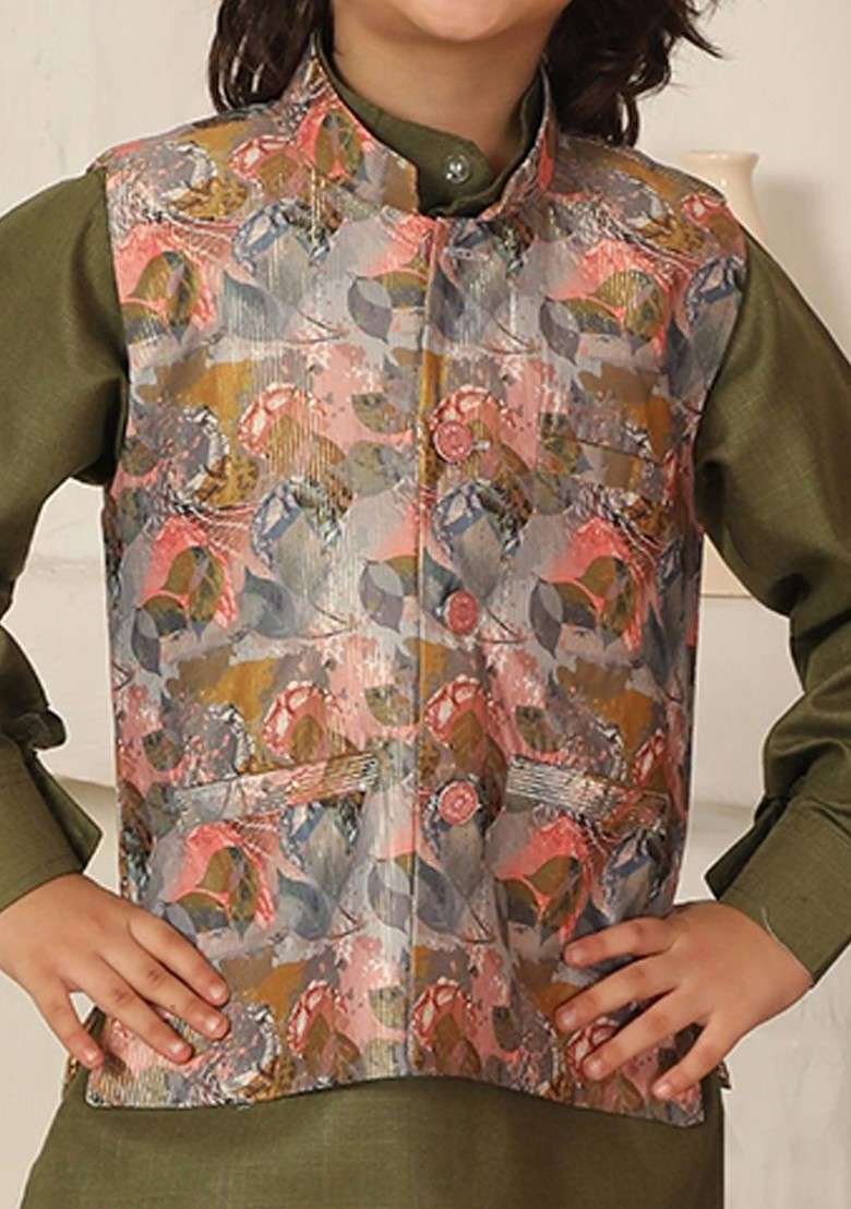 Green Solid Cotton Kurta Set For Boys - Indya