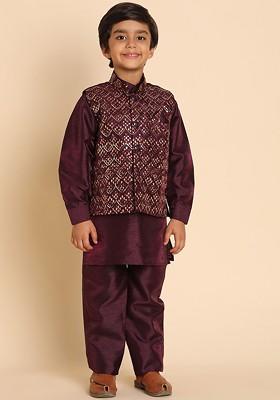 Purple Solid Silk Kurta Set For Boys