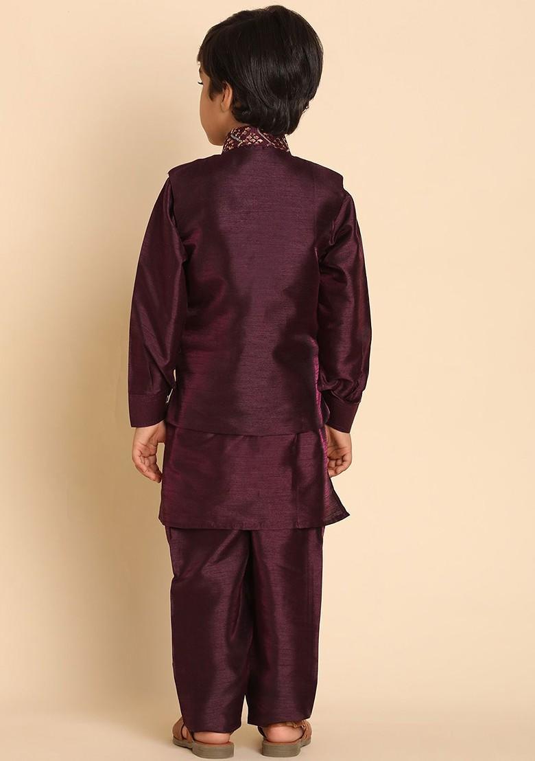 Purple Solid Silk Kurta Set For Boys - Indya