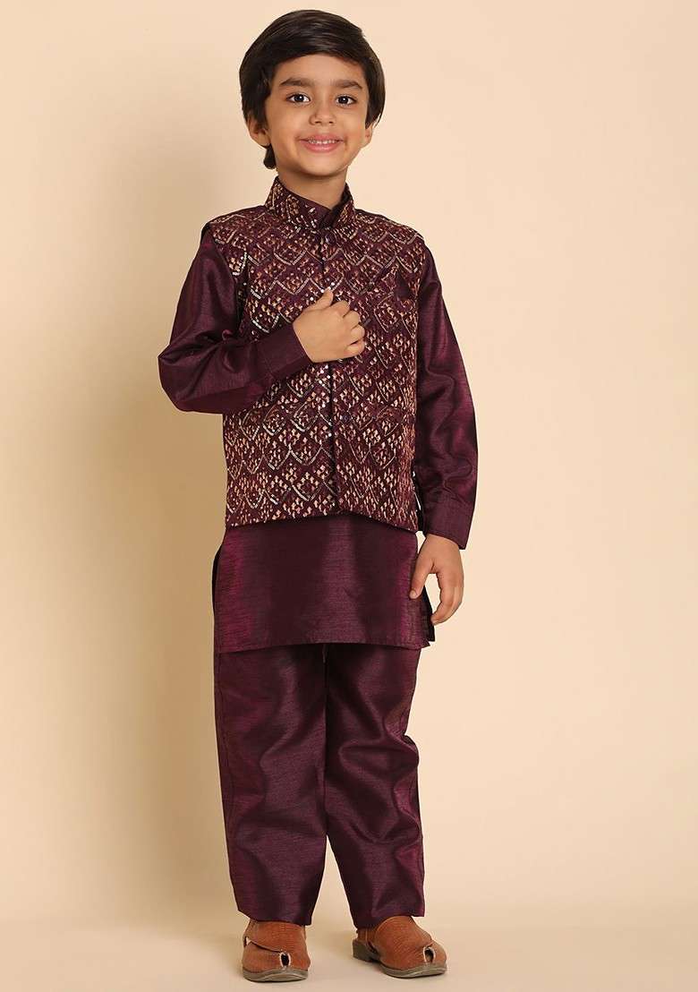 Purple Solid Silk Kurta Set For Boys - Indya