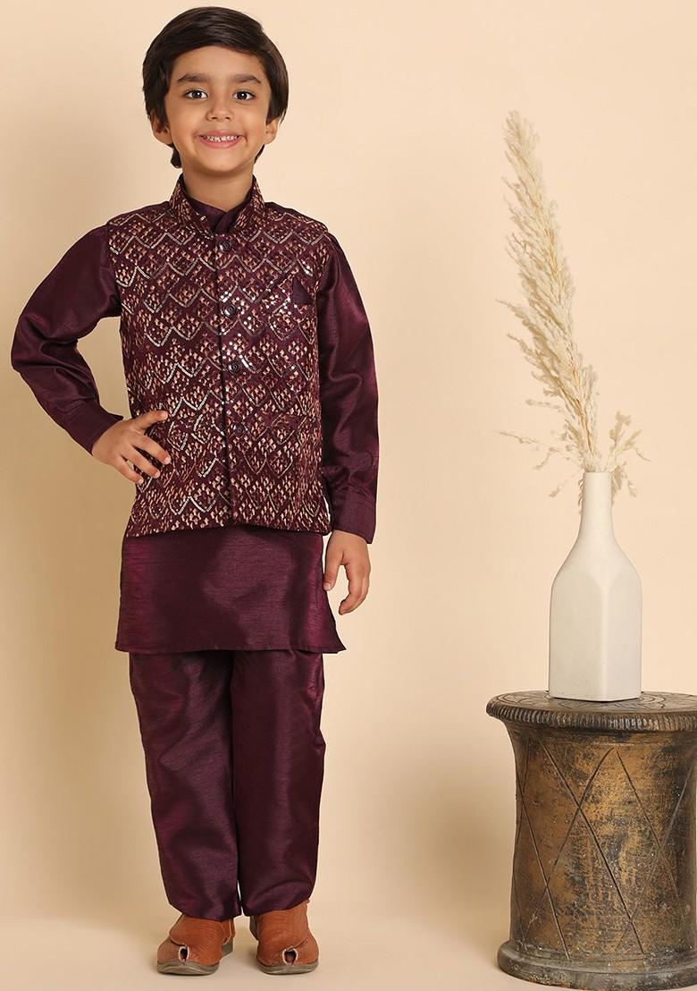 Purple Solid Silk Kurta Set For Boys - Indya