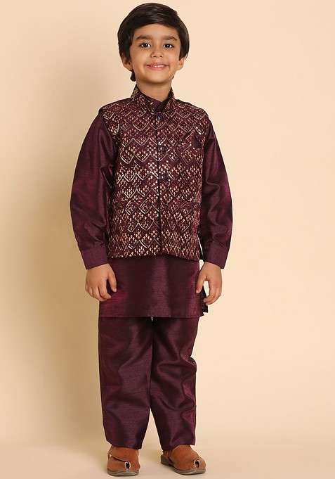 Purple Solid Silk Kurta Set For Boys