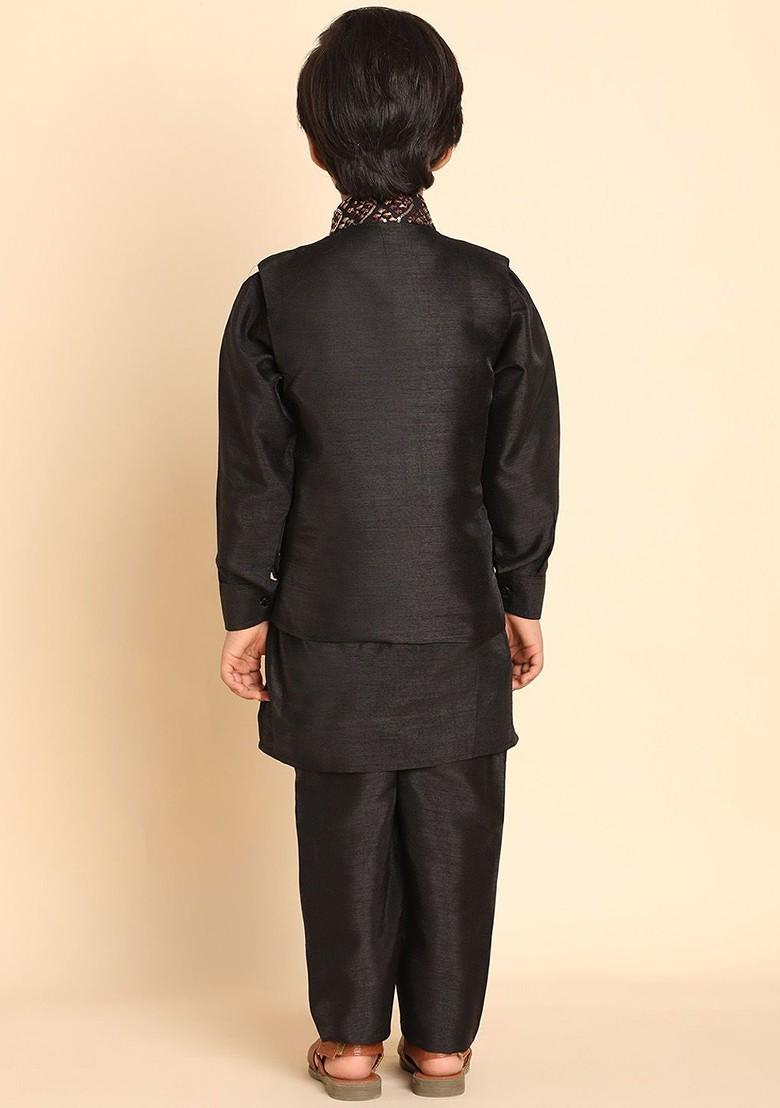 Black Printed Silk Kurta Set For Boys - Indya