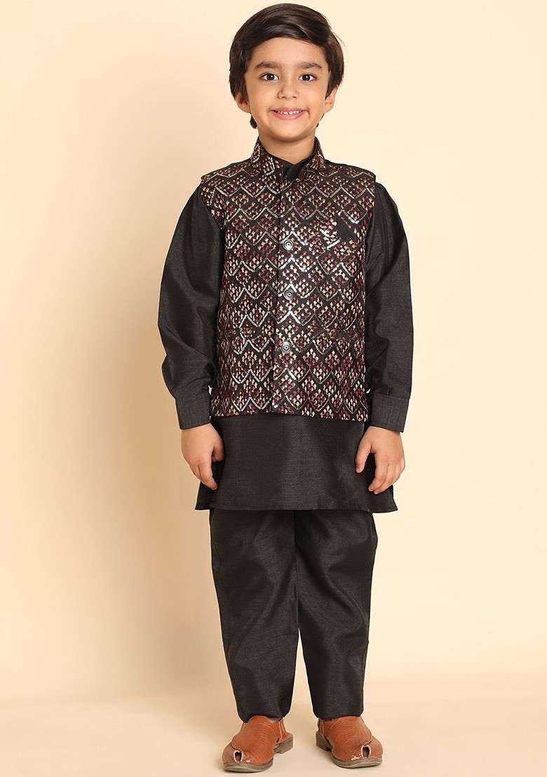 Black Printed Silk Kurta Set For Boys - Indya