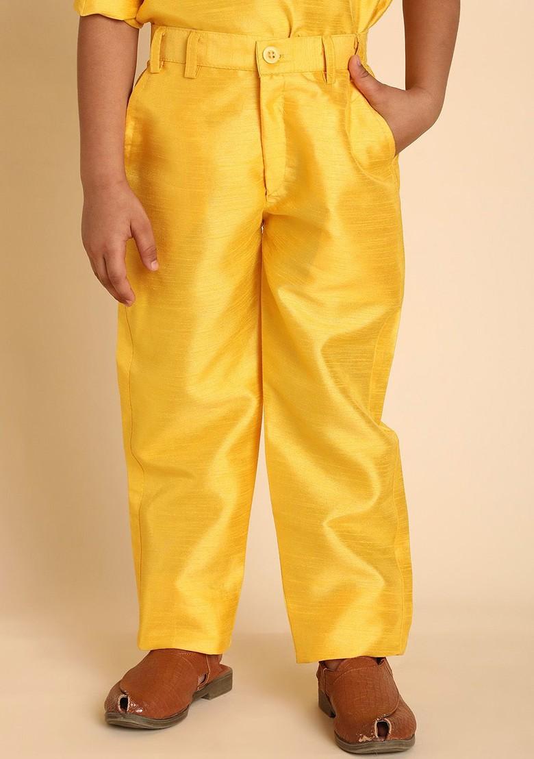 Yellow Solid Silk Kurta Set For Boys - Indya