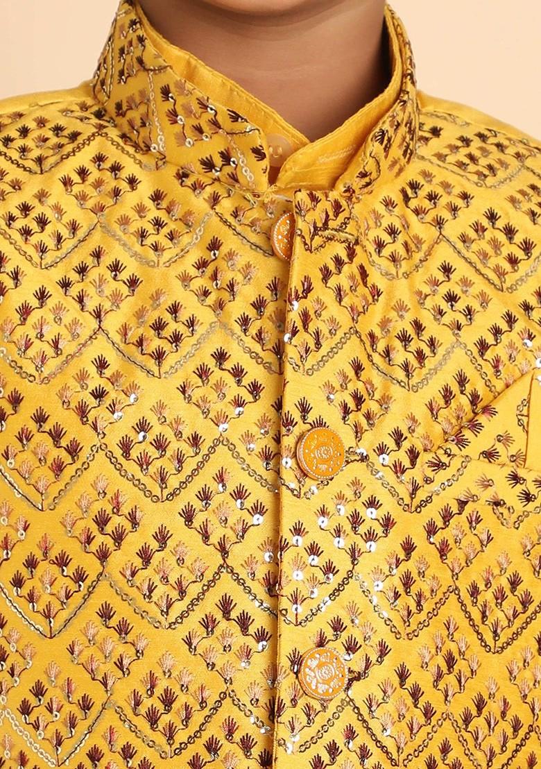 Yellow Solid Silk Kurta Set For Boys - Indya