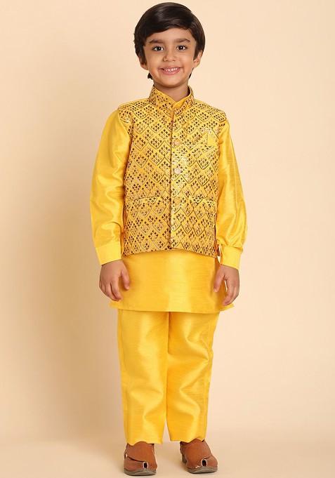 Yellow Solid Silk Kurta Set For Boys