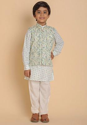 Green Printed Cotton Kurta Set For Boys