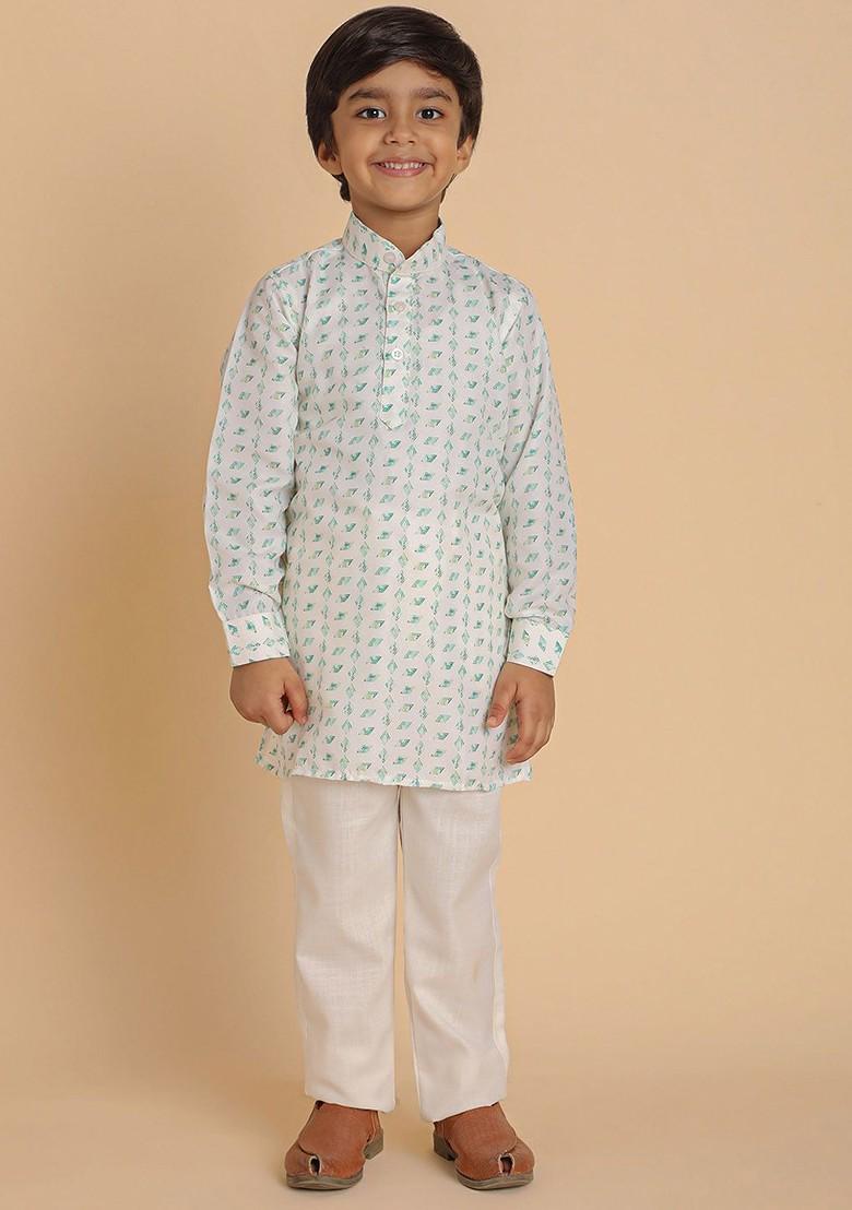 Green Printed Cotton Kurta Set For Boys - Indya
