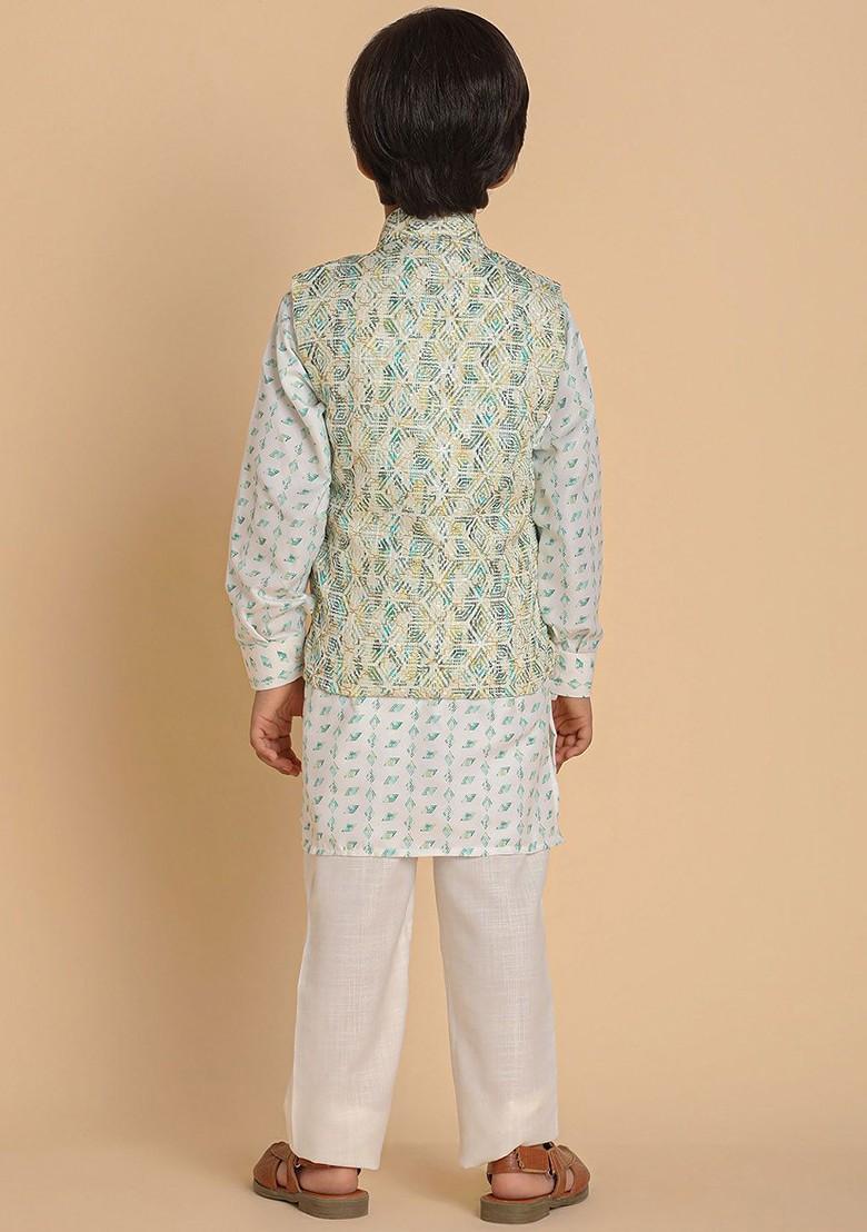 Green Printed Cotton Kurta Set For Boys - Indya