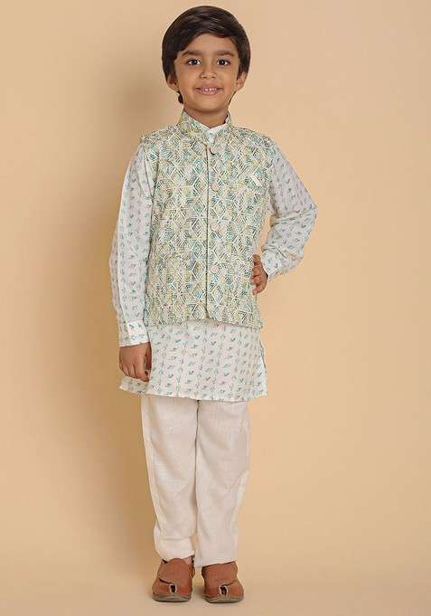 Green Printed Cotton Kurta Set For Boys