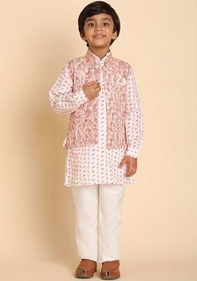 Maroon Printed Cotton Kurta Set For Boys