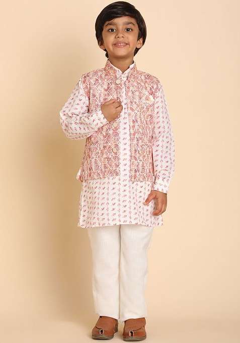Maroon Printed Cotton Kurta Set For Boys
