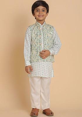 Turquoise Blue Printed Cotton Kurta Set For Boys