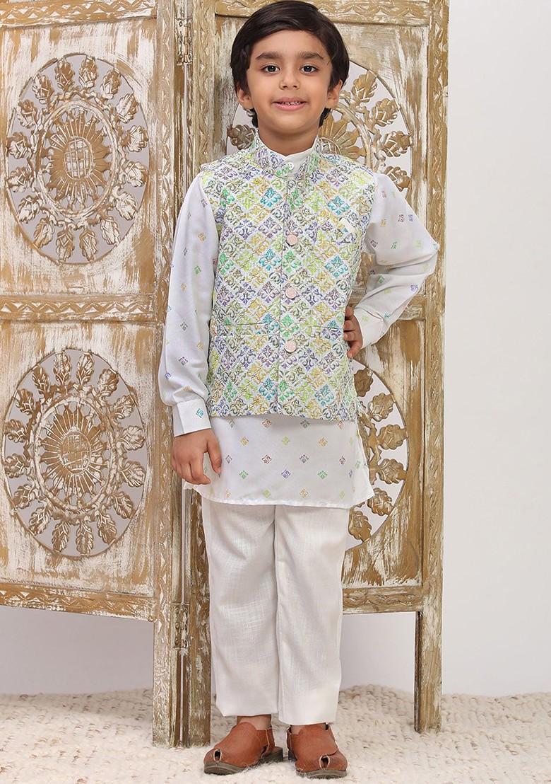 Turquoise Blue Printed Cotton Kurta Set For Boys - Indya