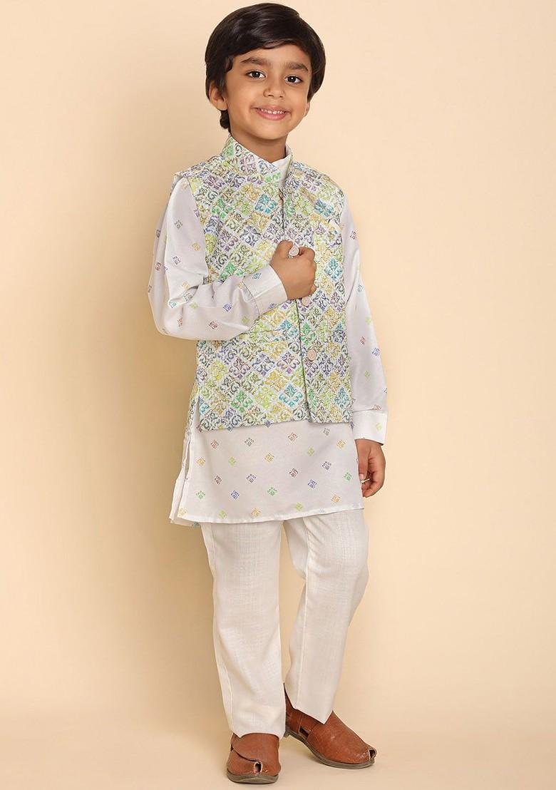 Turquoise Blue Printed Cotton Kurta Set For Boys - Indya