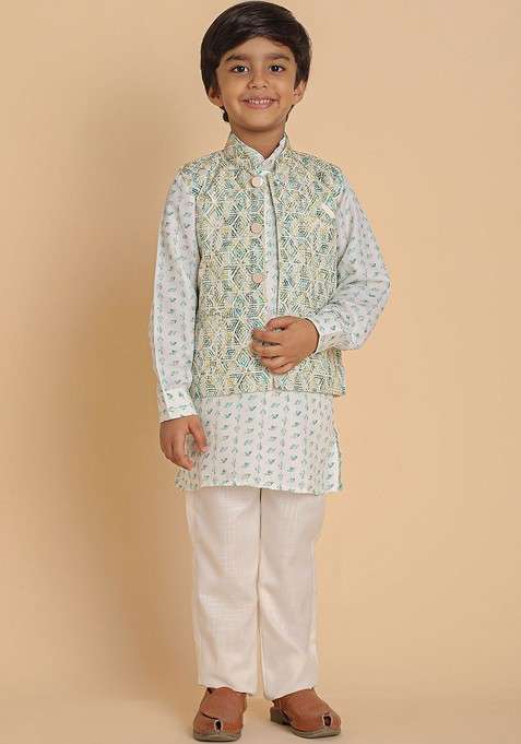 Turquoise Blue Printed Cotton Kurta Set For Boys