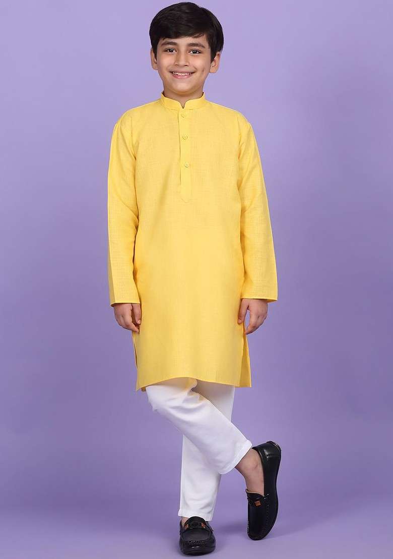 Yellow Embroidered Blended Kurta Set For Boys - Indya