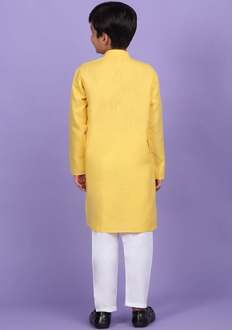 Yellow Embroidered Blended Kurta Set For Boys - Indya