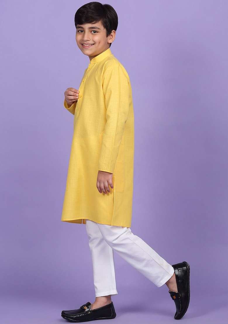 Yellow Embroidered Blended Kurta Set For Boys - Indya