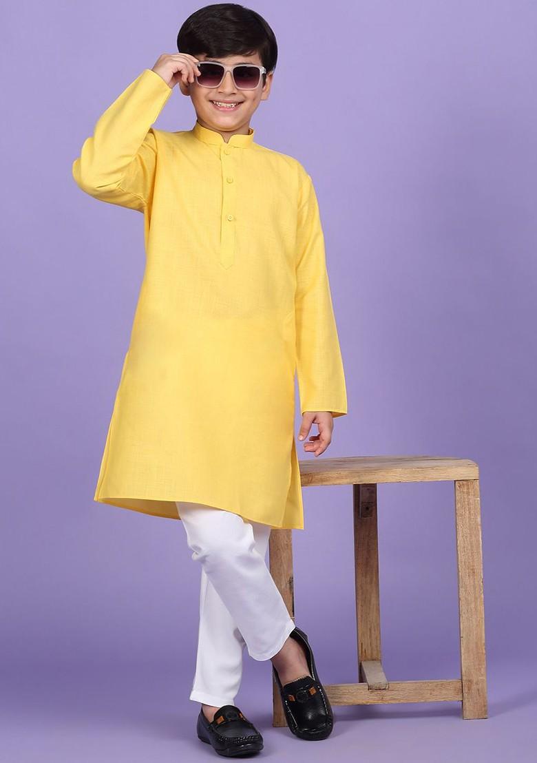Yellow Embroidered Blended Kurta Set For Boys - Indya