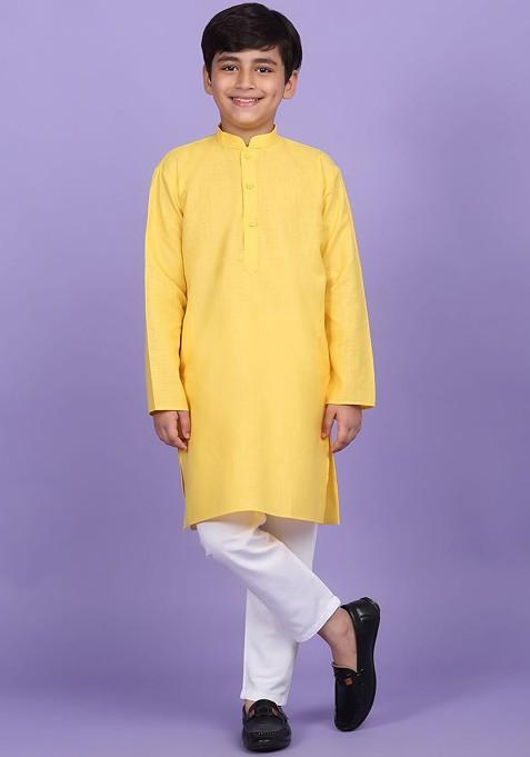Yellow Embroidered Blended Kurta Set For Boys