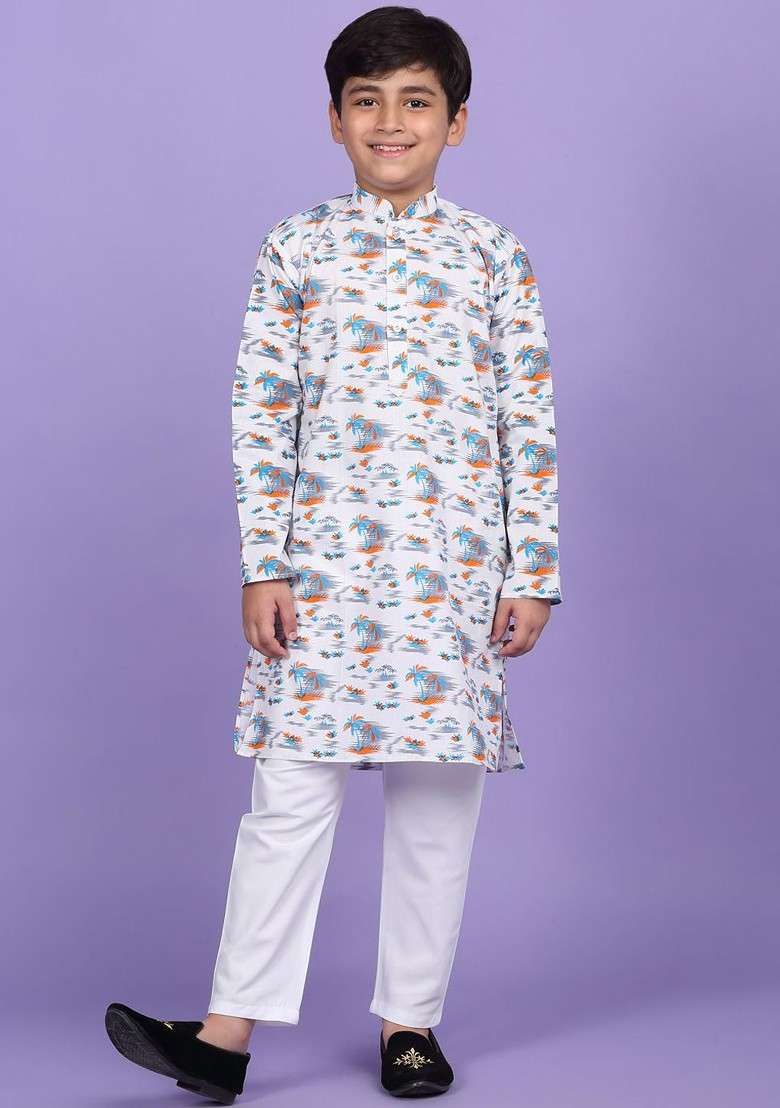 White Printed Blended Kurta Set For Boys - Indya
