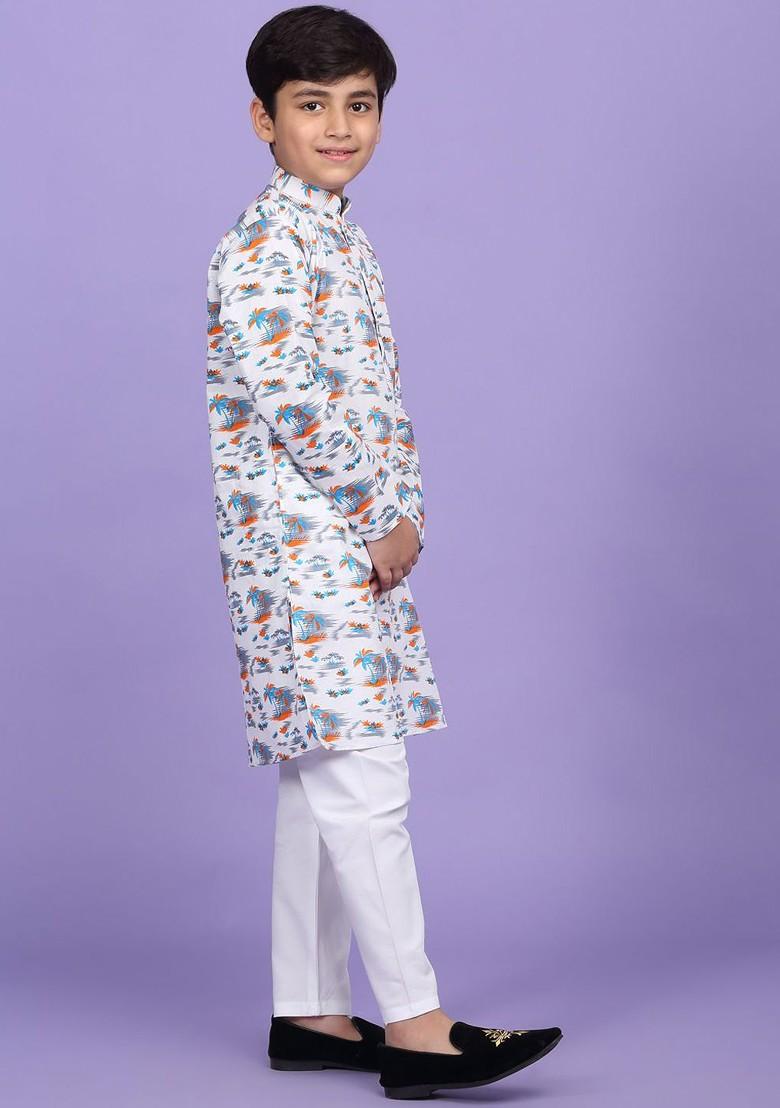 White Printed Blended Kurta Set For Boys - Indya