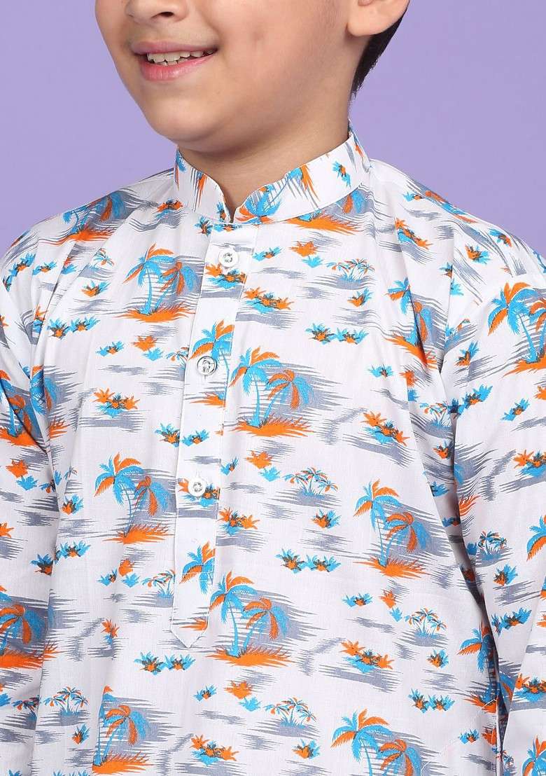 White Printed Blended Kurta Set For Boys - Indya